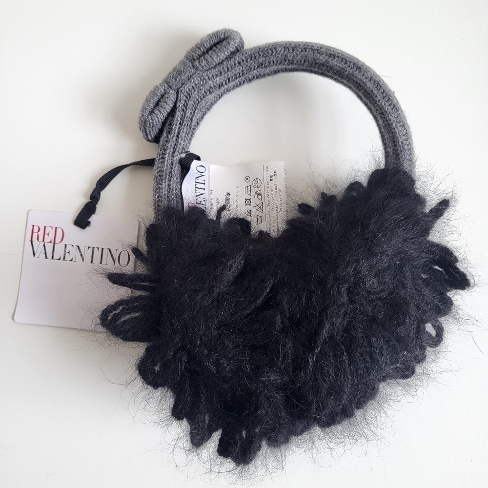 Red Valentino Alpaca/Angora Hair Wool Earmuffs Side Bow Headband Black/Grey NWT